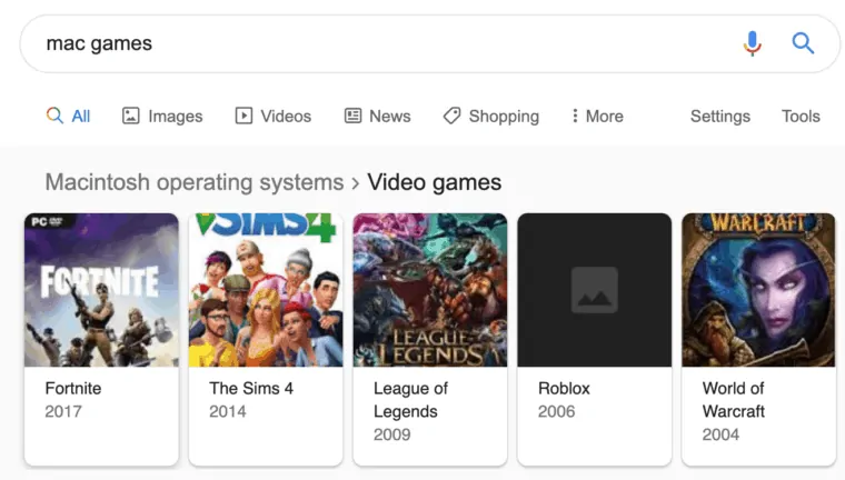 Featured snippet example: "Games for a Mac"